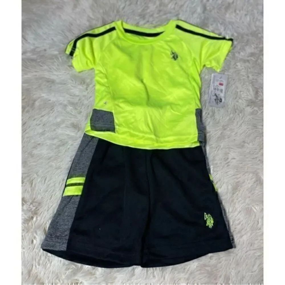 BNWT Neon & Black US Polo Association Shirt & Short Outfit Set Size 2T